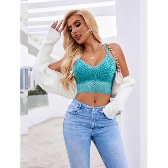 Women's Apple Green Lace Camisoles Double-layered V-neck Sexy Bralettes Crop Top - Picture 4 of 7